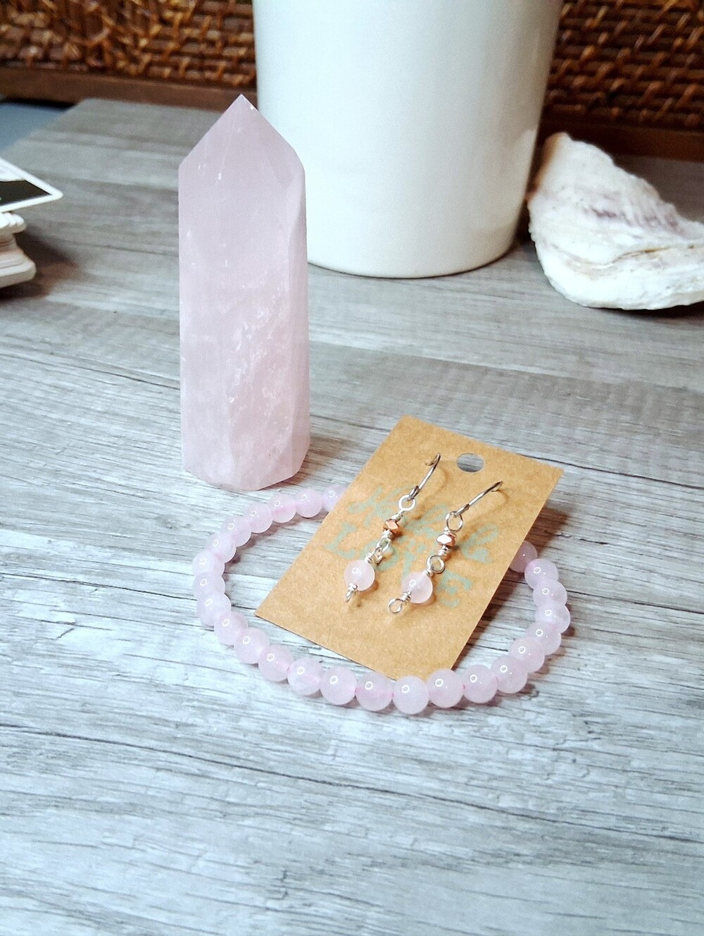 Rose Quartz Tower Bracelet & Drop Earrings Gift Set, 3 Piece Crystal Bundle